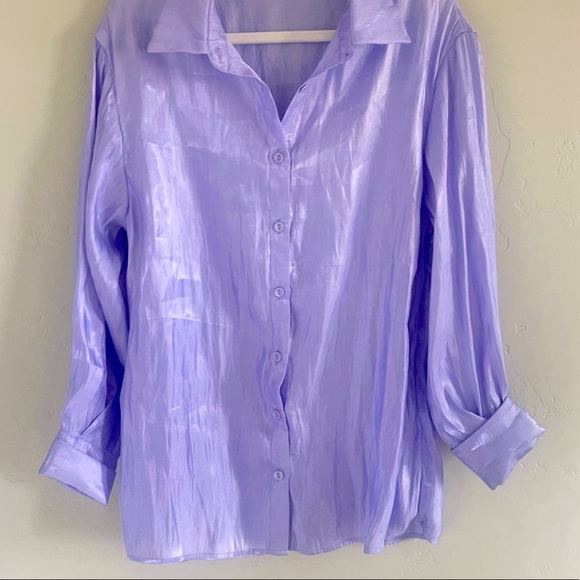 90's Glossy Satin Iridescent Button Down Blouse Violet Shot Silk SZ 4 SMALL NEW! - Picture 3 of 10